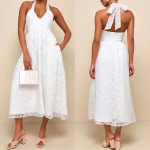Size L NWOT Lulus Delicate Sweetness White Floral Burnout Midi Dress With Pocke…